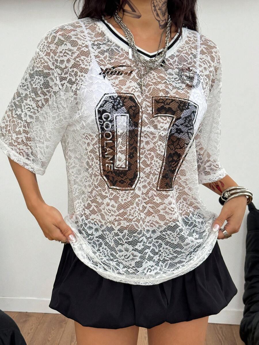 T-SHIRT DAMSKI OKRĄGŁY KORONKOWY