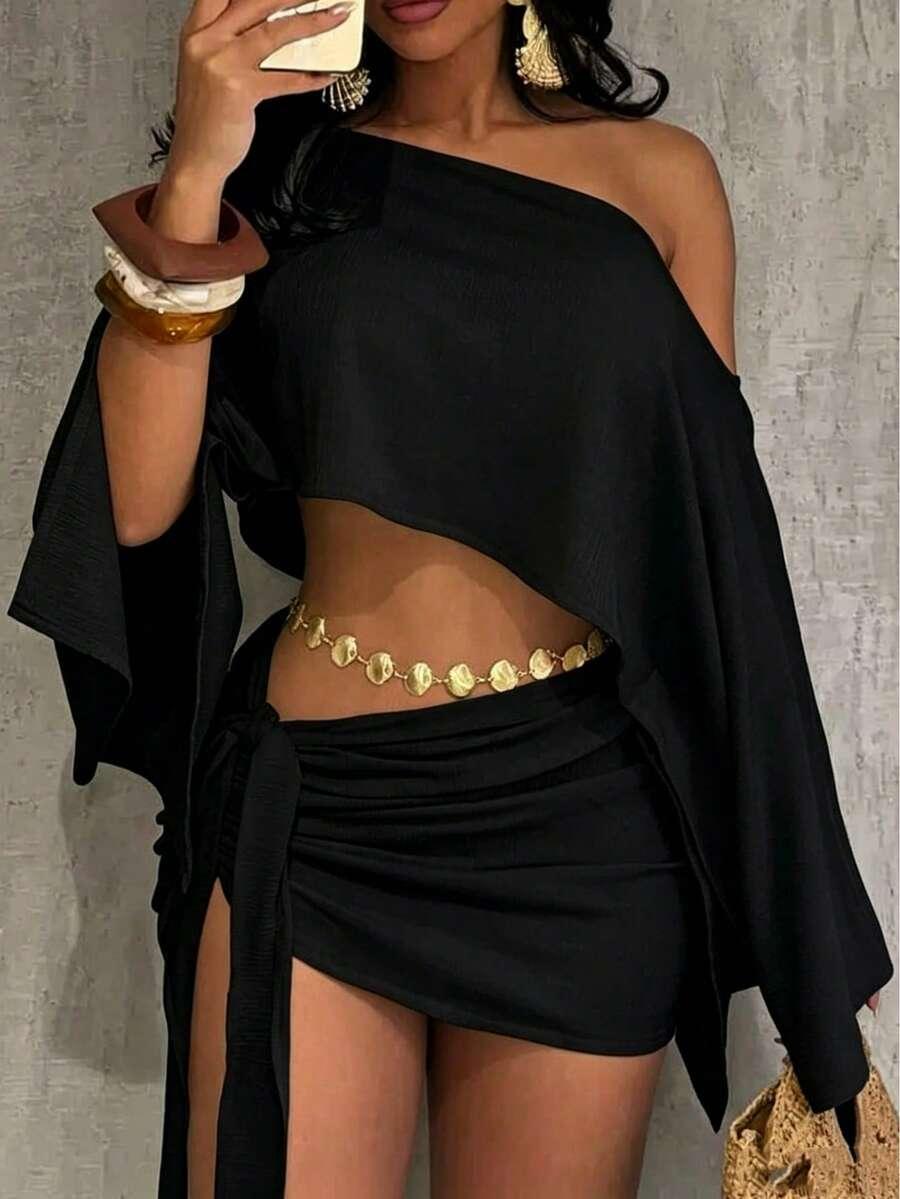 czarny crop top spódnica komplet
