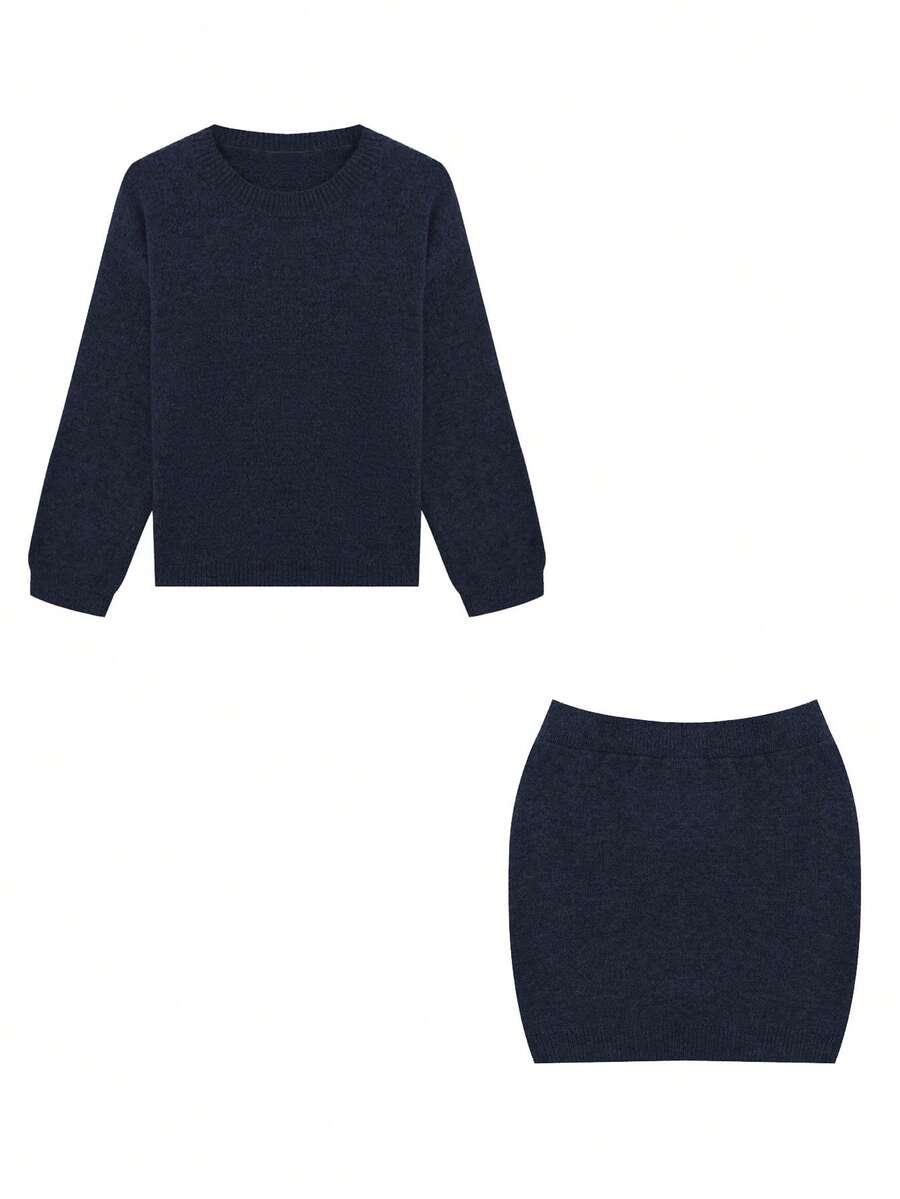 GRANATOWY KOMPLET SWETER SPÓDNICA