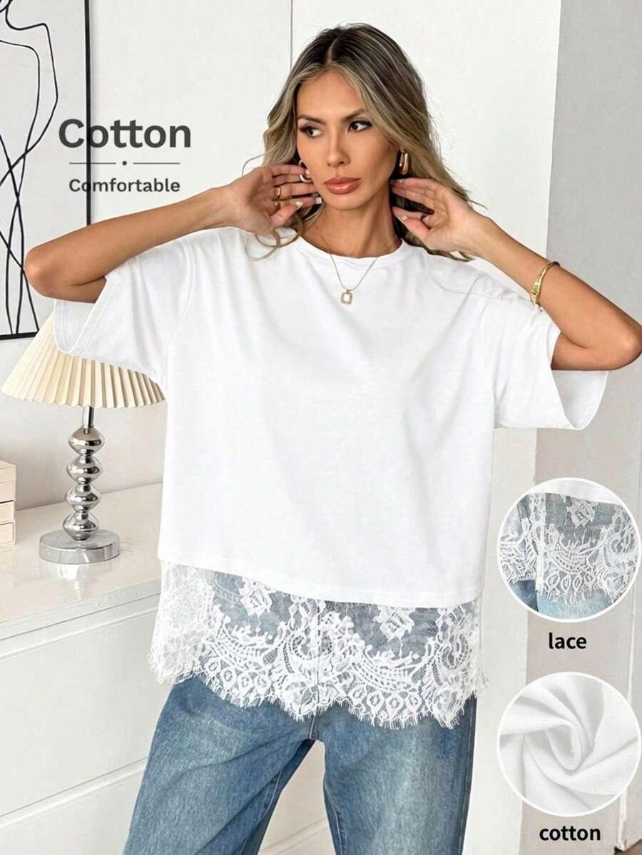 BIAŁY T-SHIRT OKRĄGŁY DEKOLT KORONKA