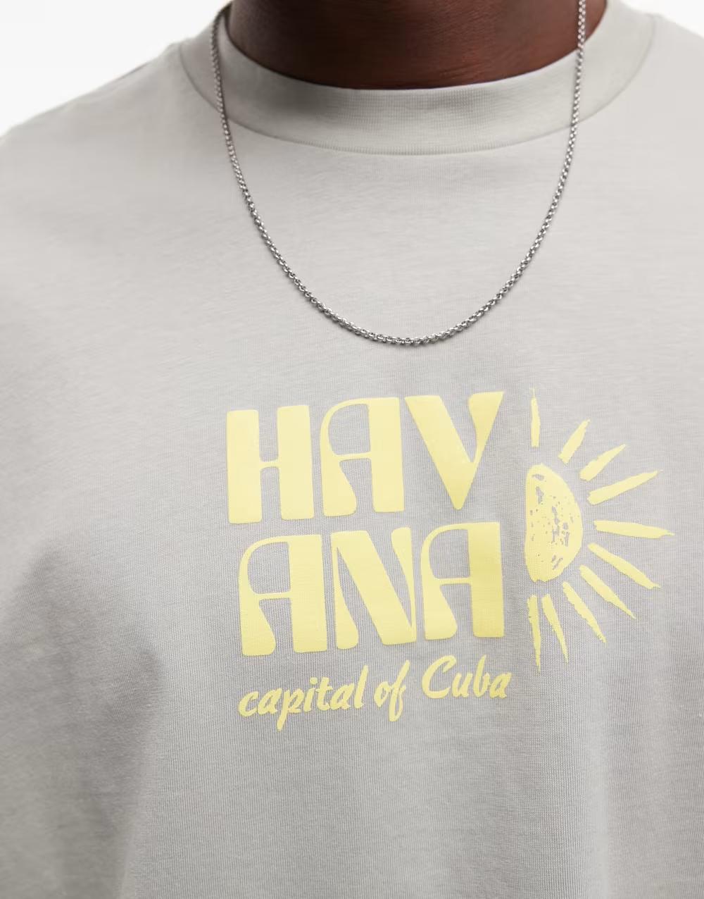 bawełniany T-SHIRT OKRĄGŁY DEKOLT NADRUK havana