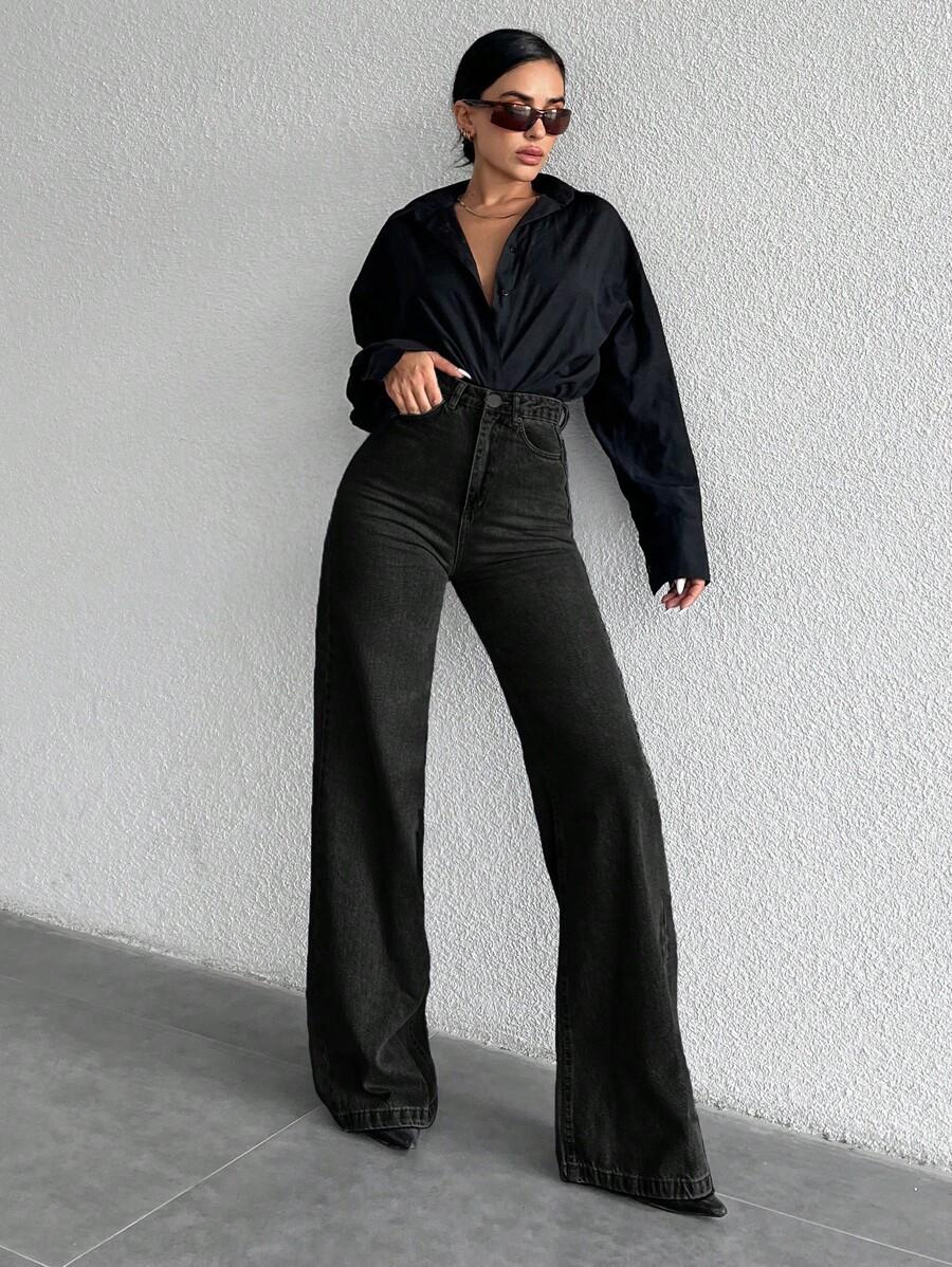 CZARNE SPODNIE JEANS WYSOKI STAN SZEROKIE NOGAWKI
