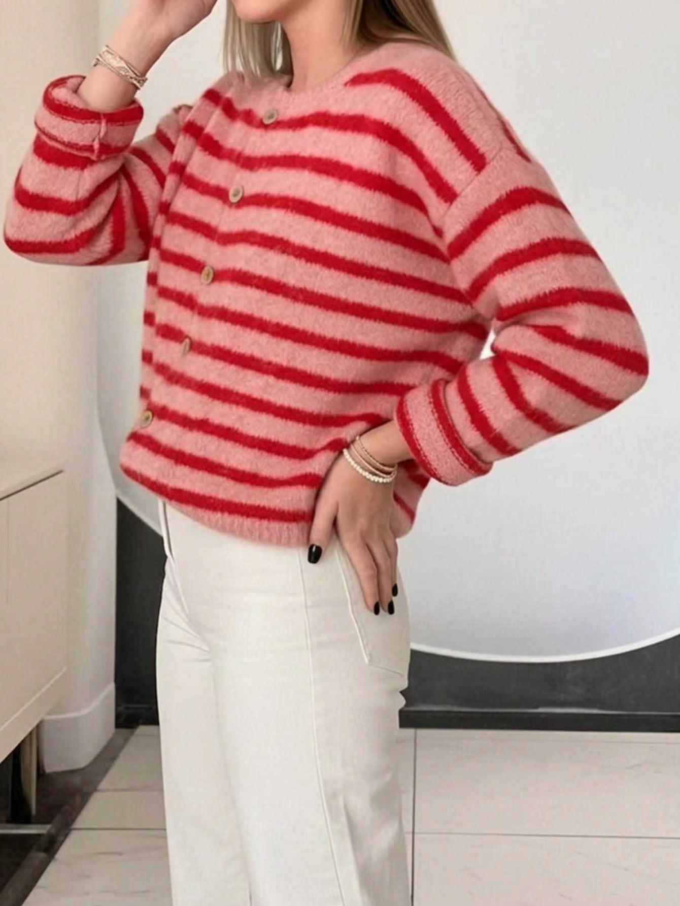 SWETER ROZPINANY DAMSKI W PASKI W STYLU RETRO