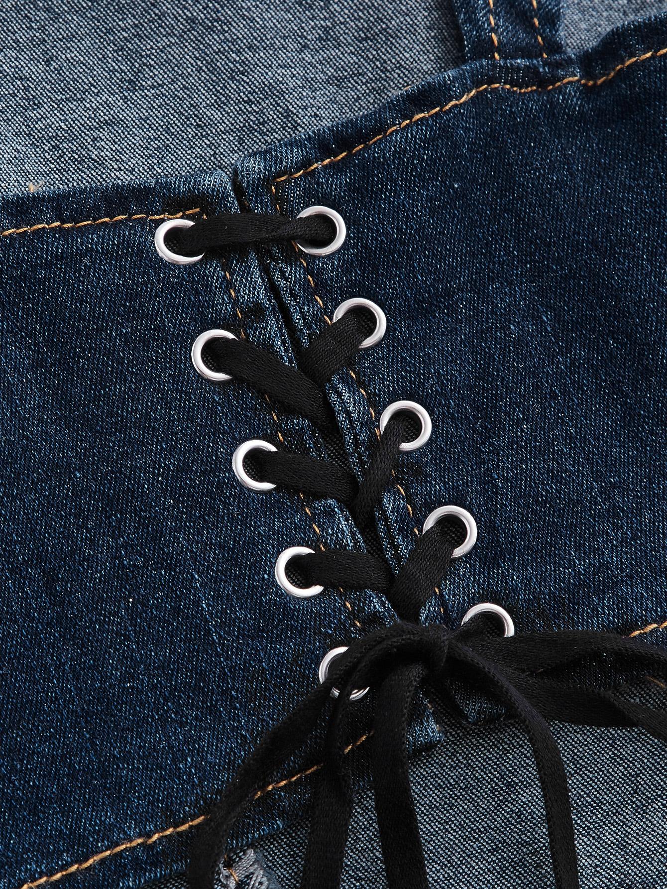 gorsetowy crop top ramiączka wiązanie jeans