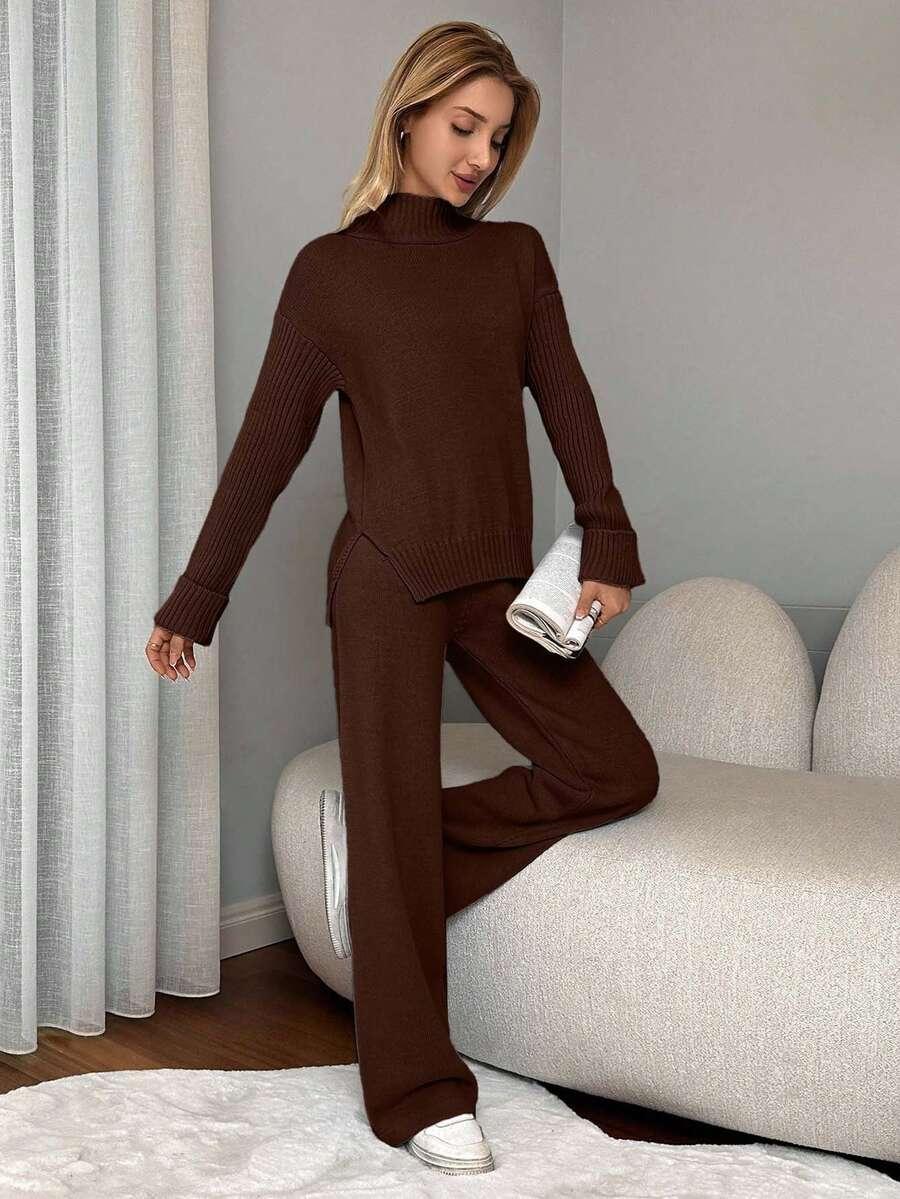 brązowy komplet sweter spodnie