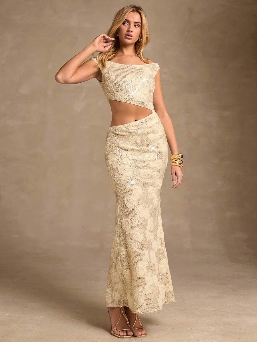 ELEGANCKA SUKIENKA MAXI CEKINY WYCIĘCIE 