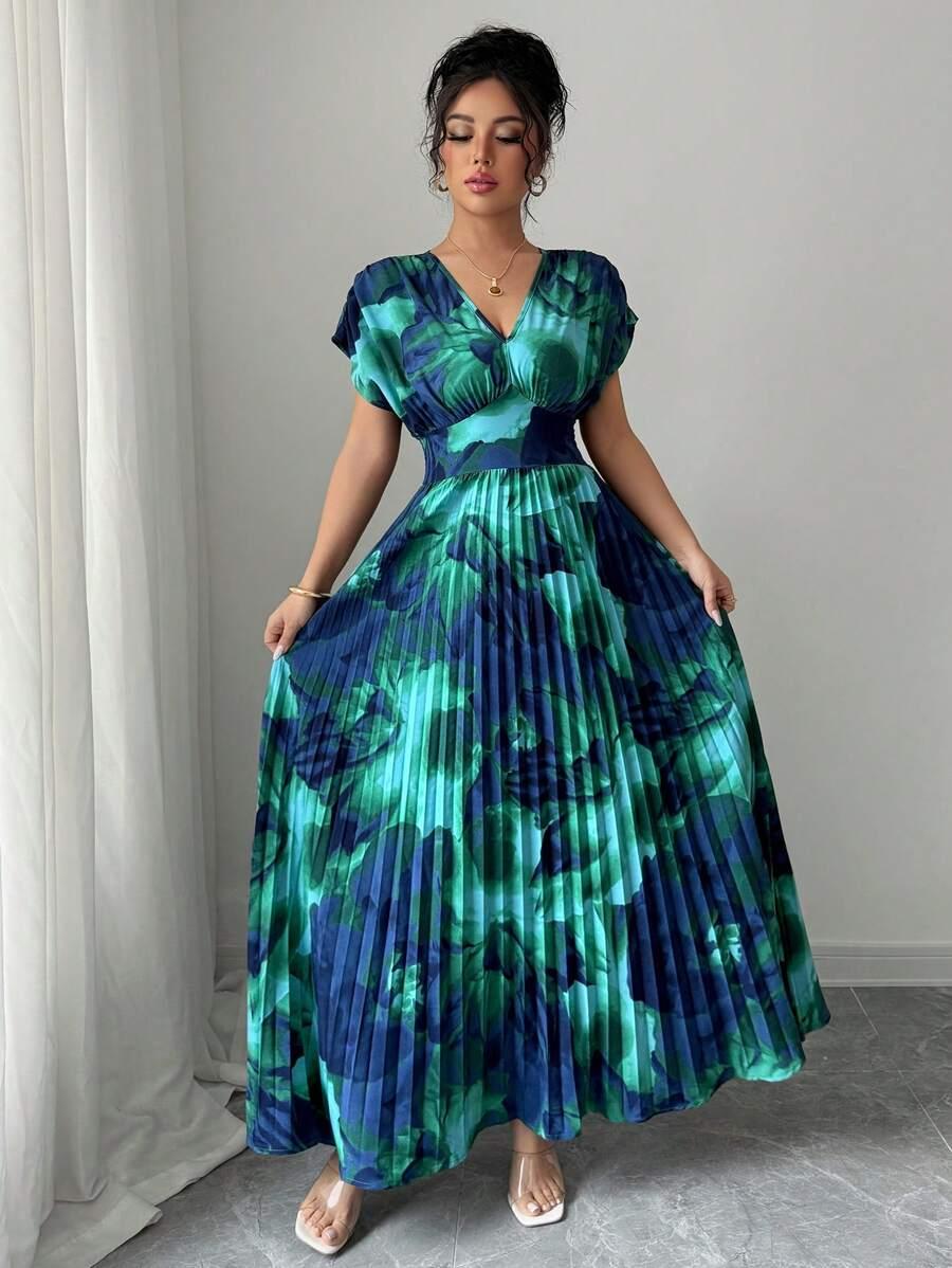 plisowana maxi sukienka v-neck