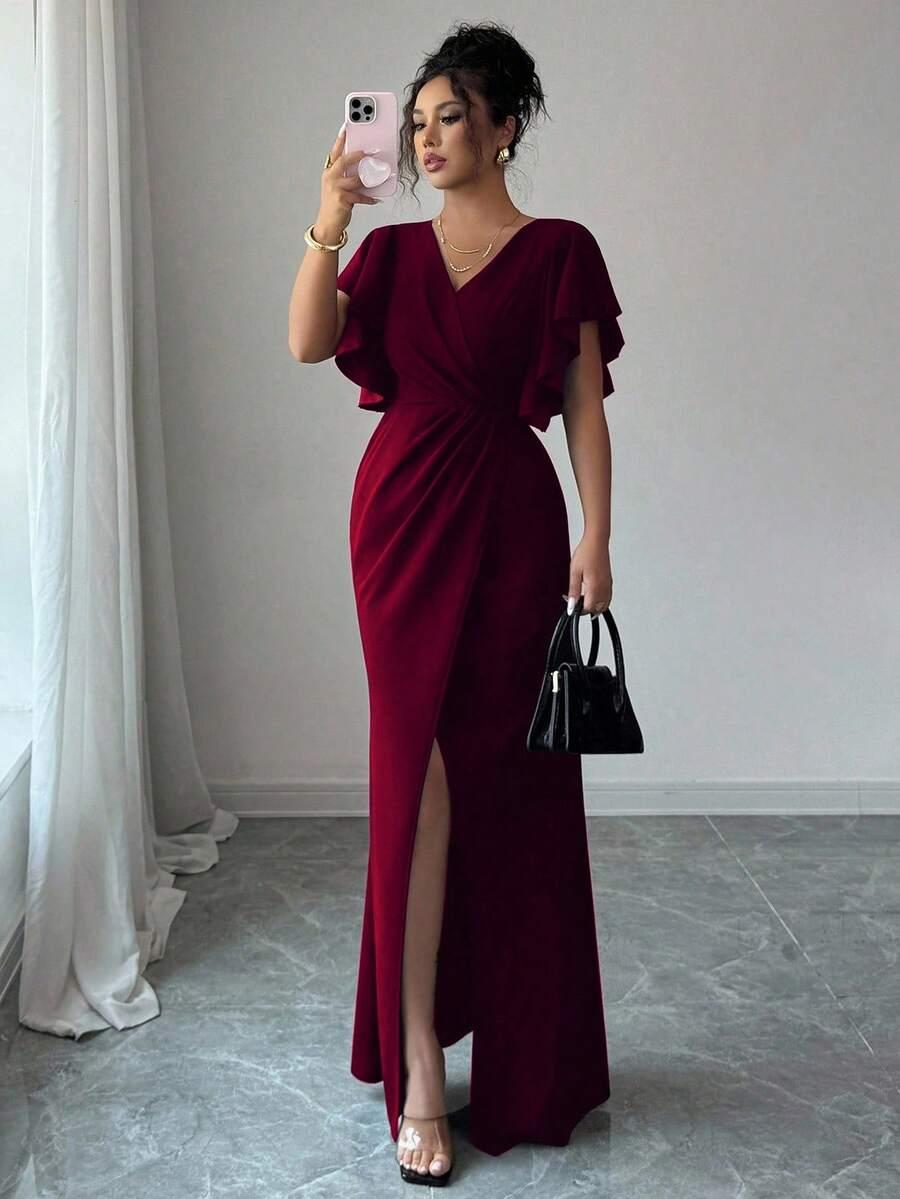 BORDOWA MAXI SUKIENKA V-NECK