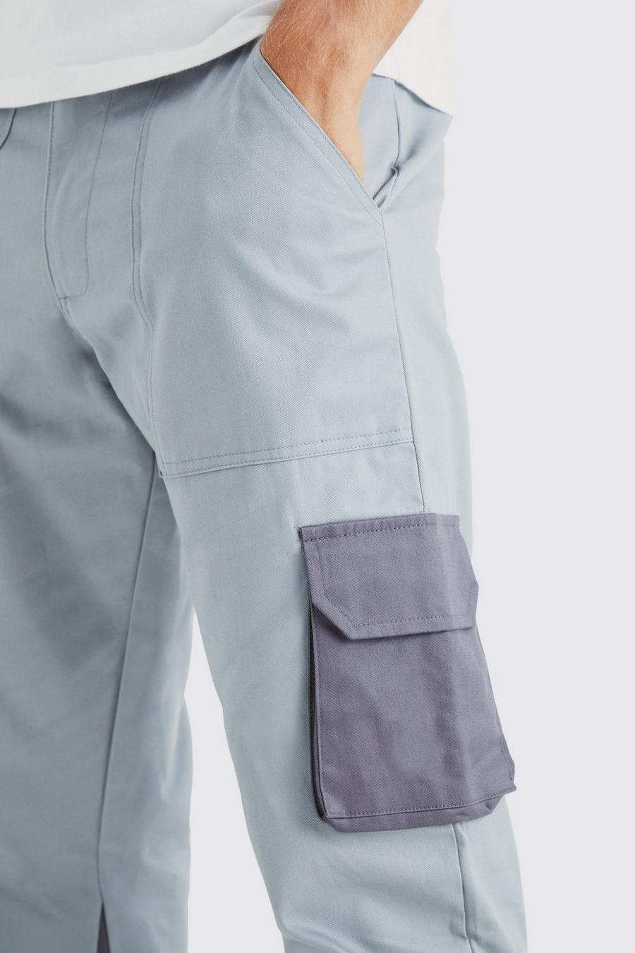 szare spodnie cargo kieszenie kontrast