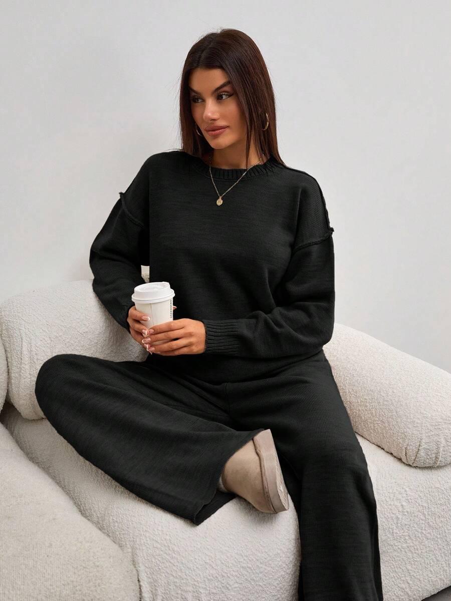DZIANINOWY KOMPLET SWETER SPODNIE