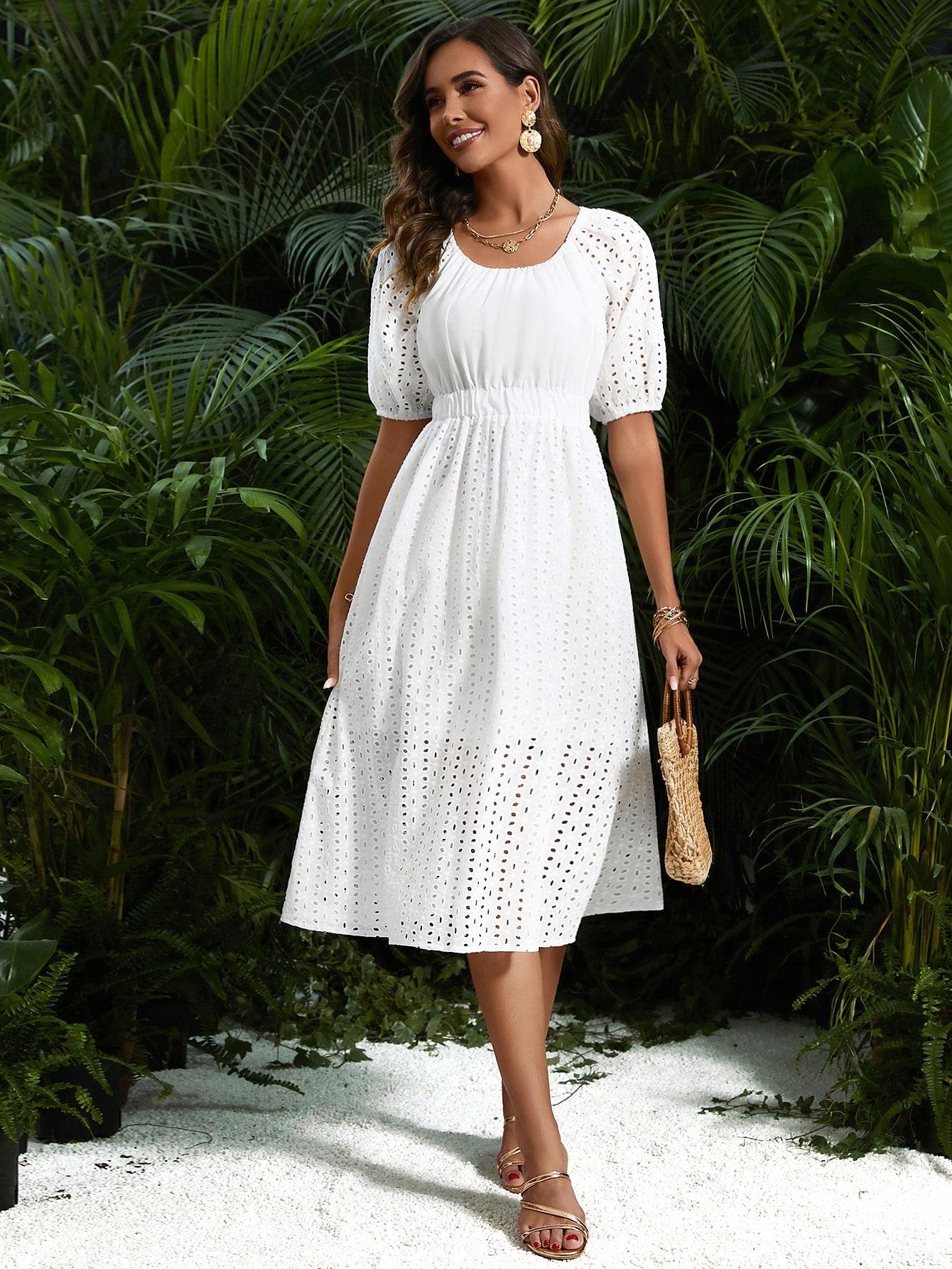 biała midi sukienka z krótkim rękawem boho haft