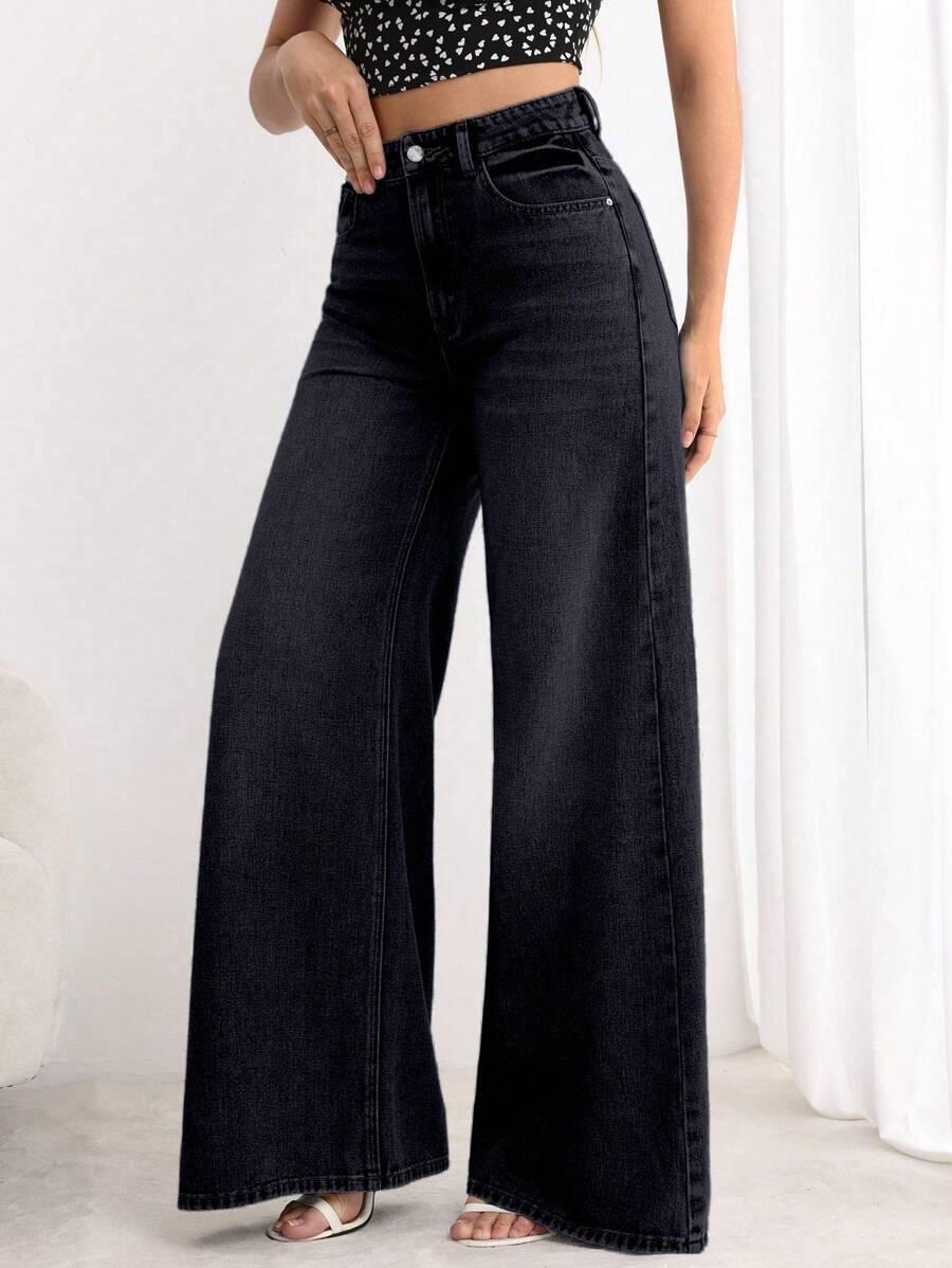 CZARNE SPODNIE JEANS SZEROKA NOGAWKA