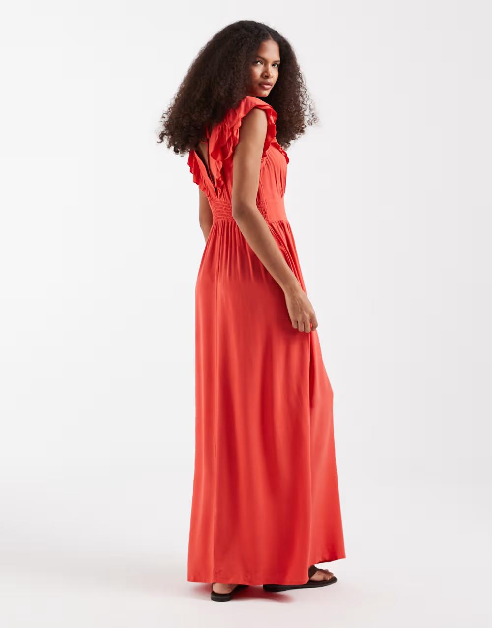 czerwona mai sukienka v-neck falbana