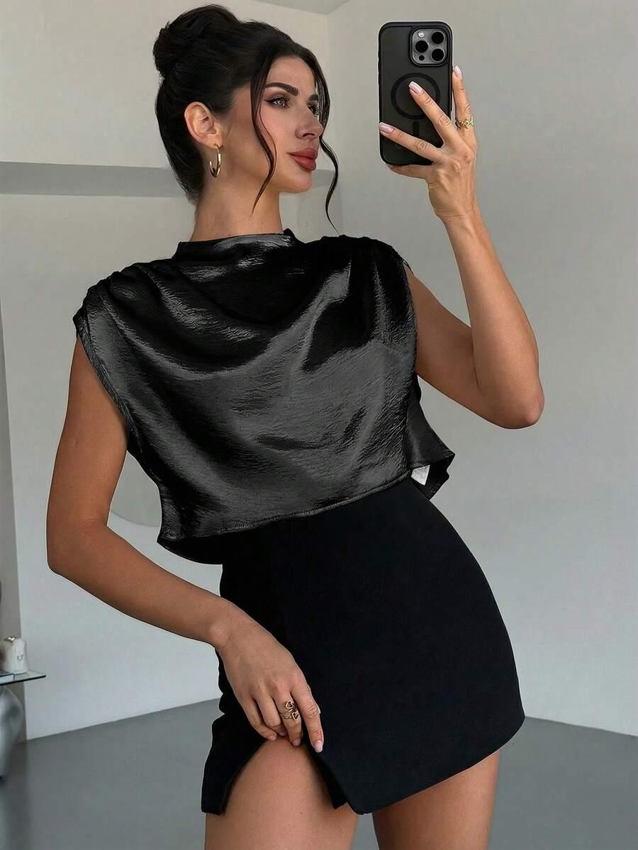 czarny satynowy top