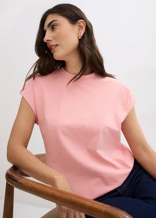 różowy t-shirt okrągły dekolt