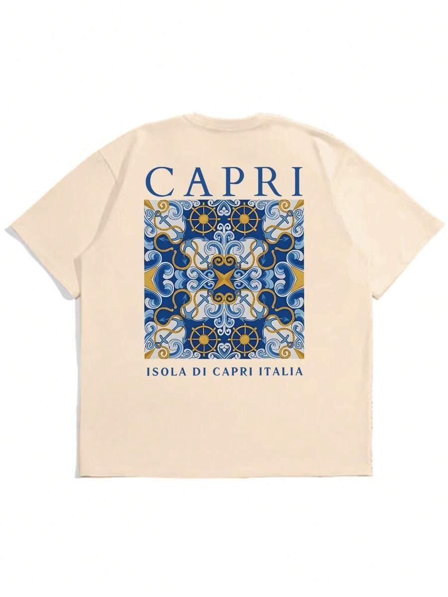 beżowy t-shirt z nadrukiem okrągły dekolt capri