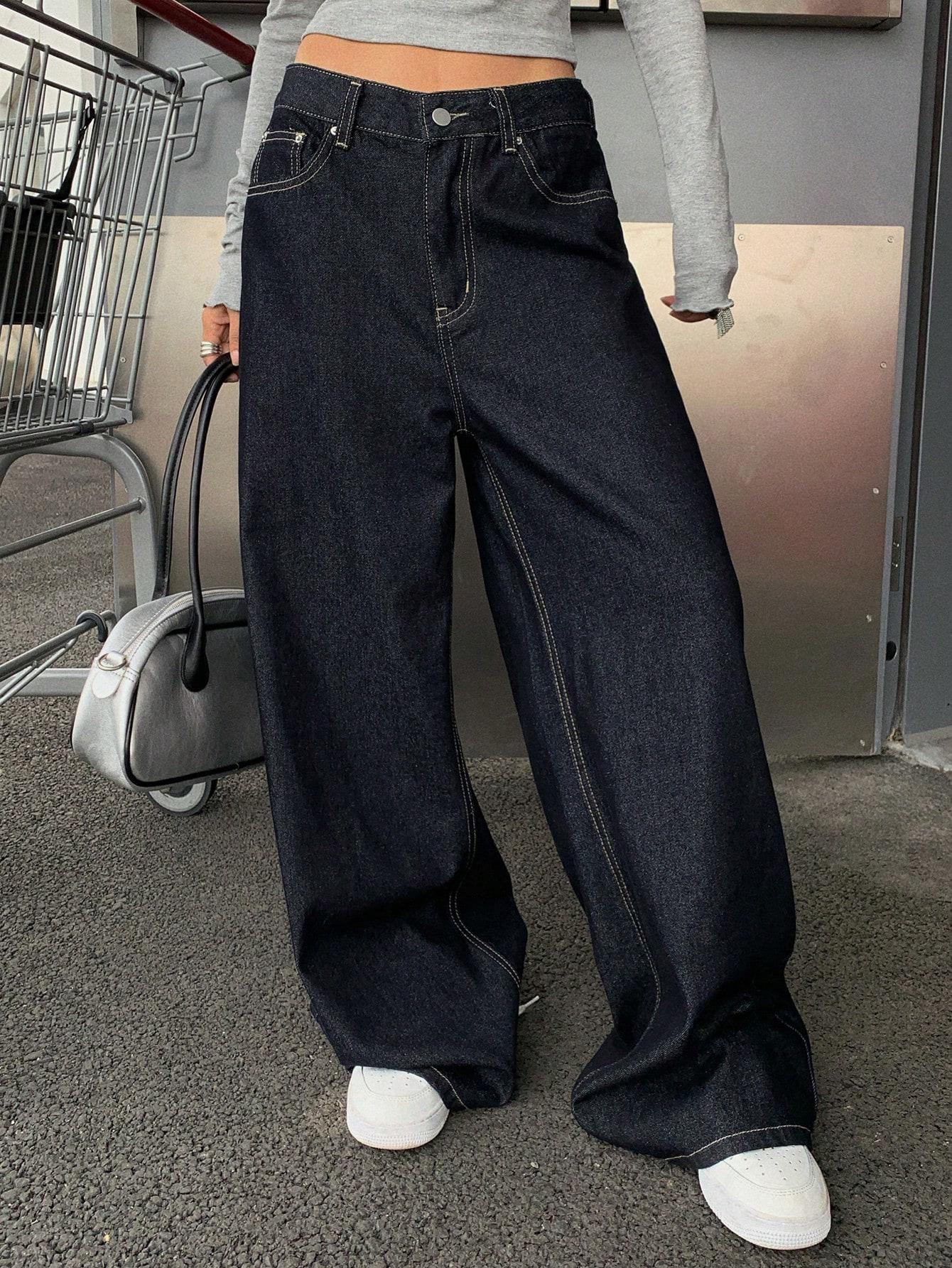 GRANATOWE SPODNIE JEANS PROSTA NOGAWKA 
