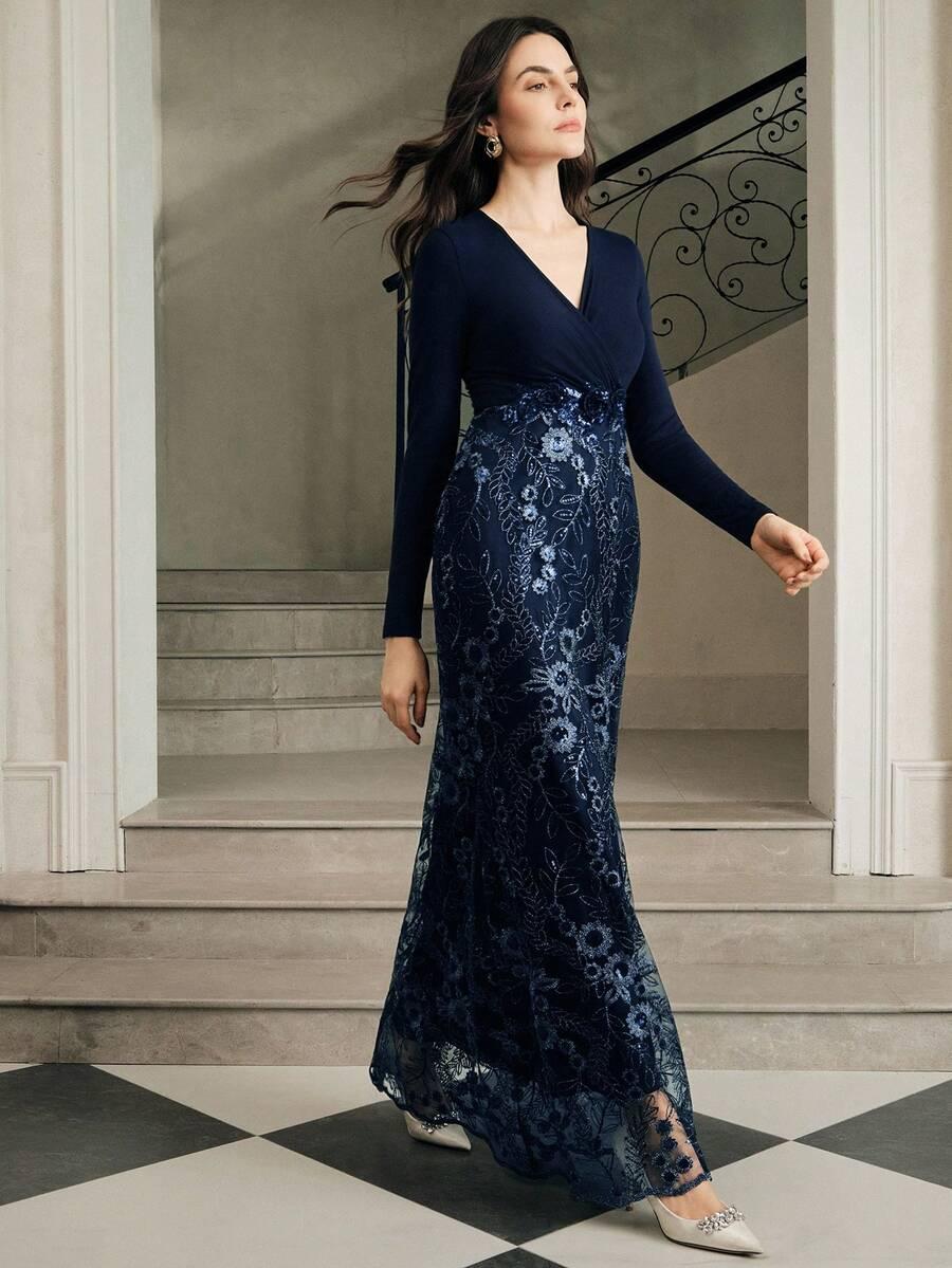 NIEBIESKA MAXI SUKIENKA ZDOBIENIE