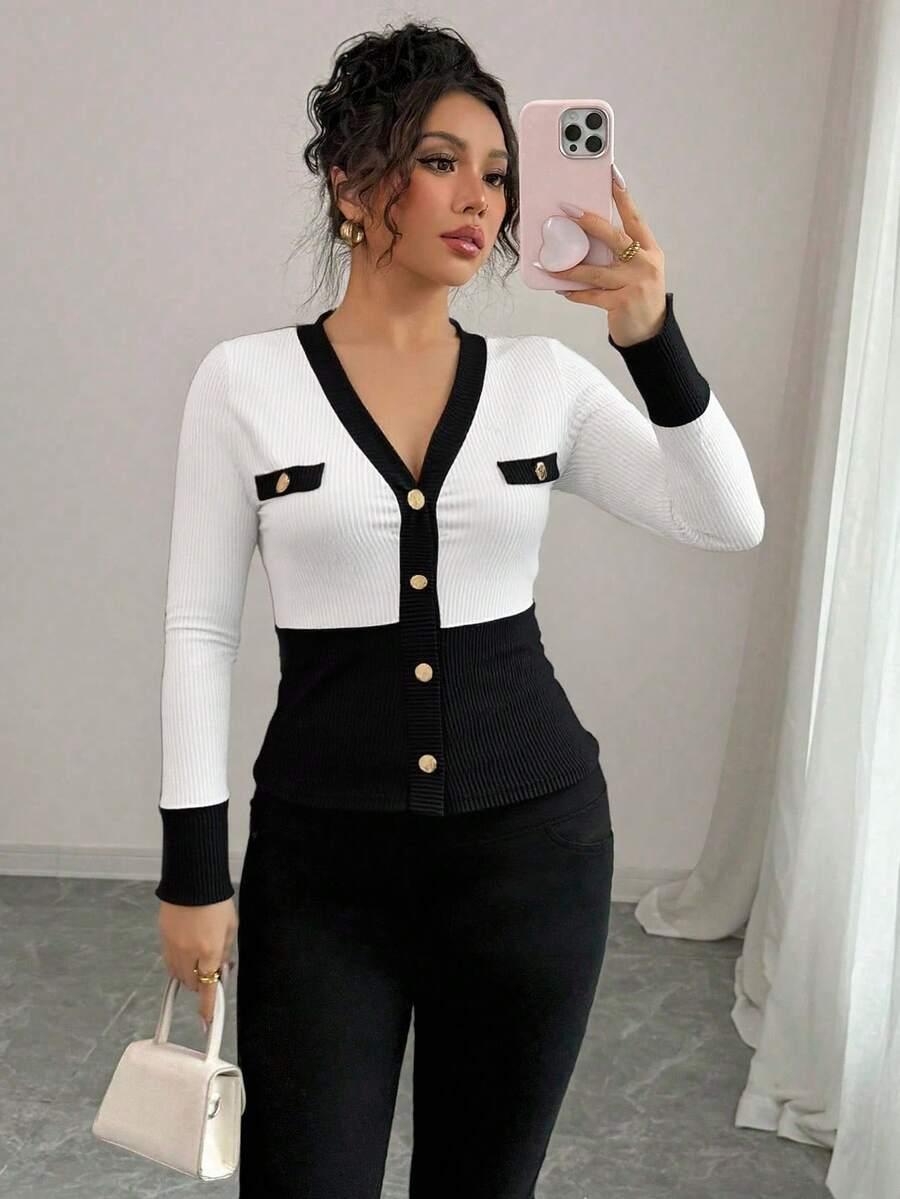 bluzka guziki v-neck kontrast