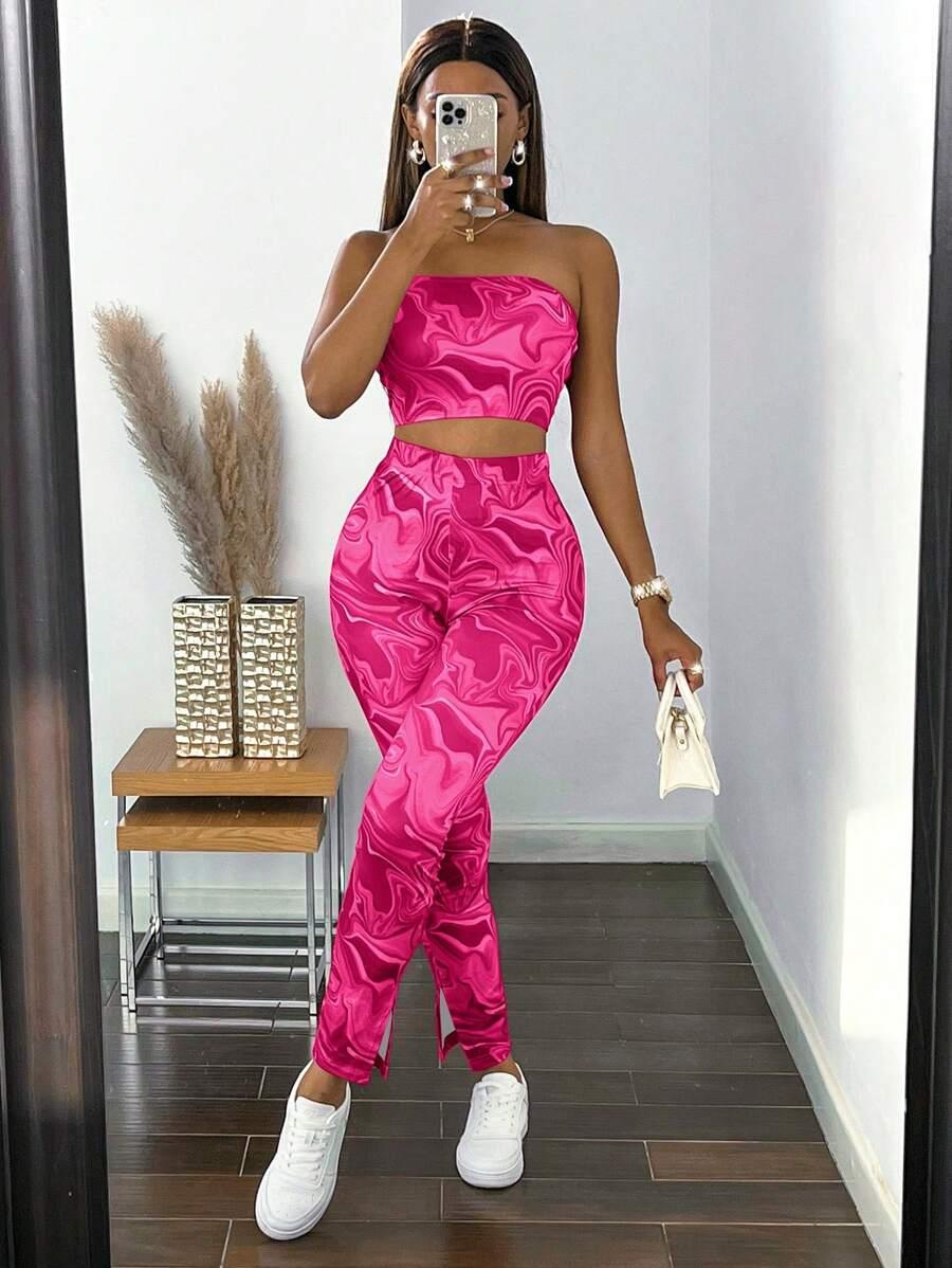 różowy komplet legginsy top