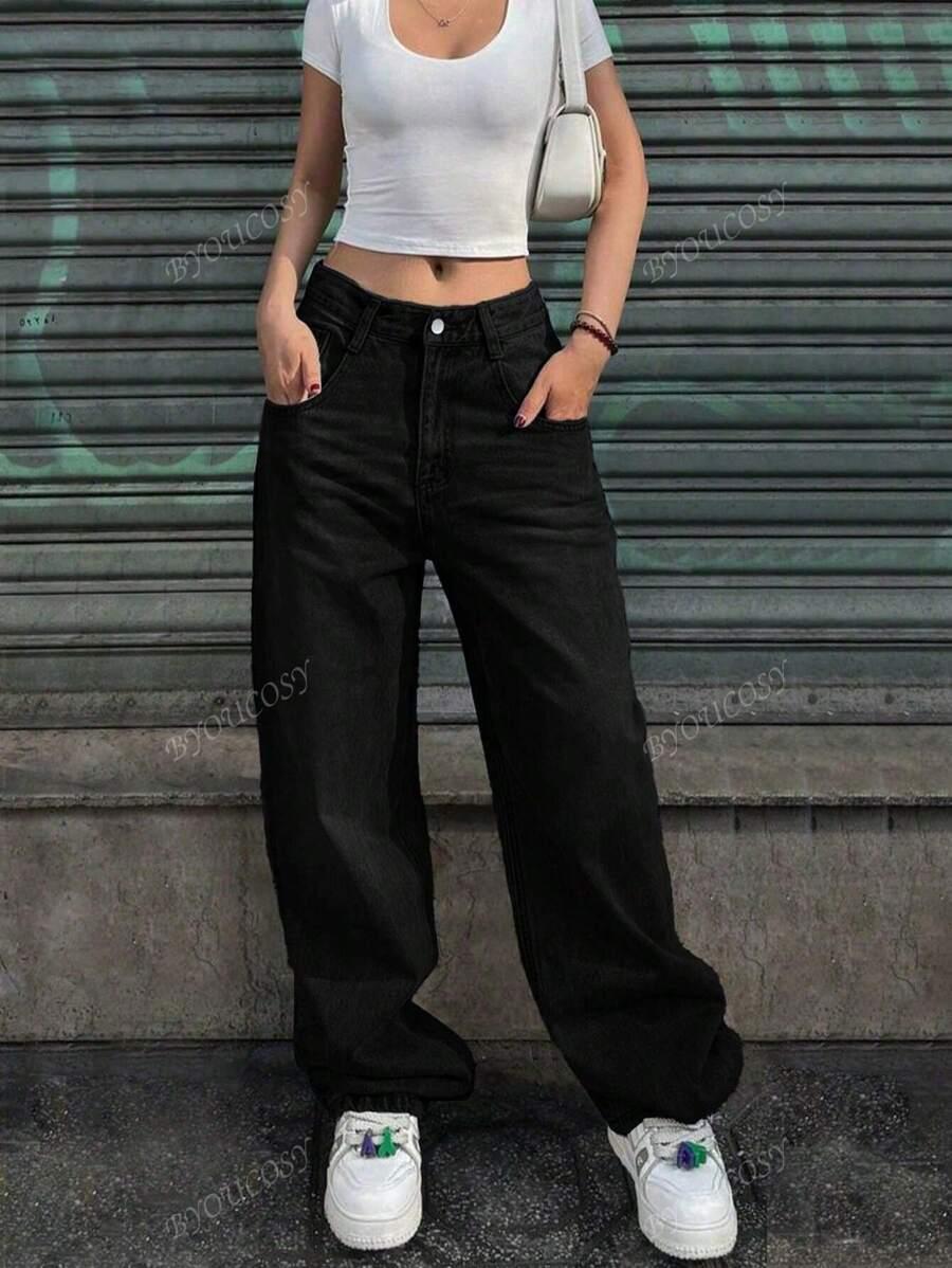 CZARNE SPODNIE JEANS KIESZENIE ZAMEK