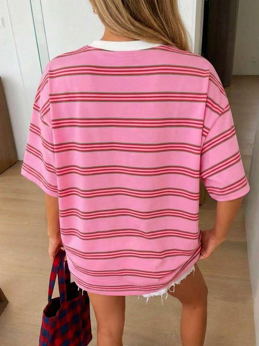 RÓŻOWY T-SHIRT OKRĄGŁY DEKOLT 