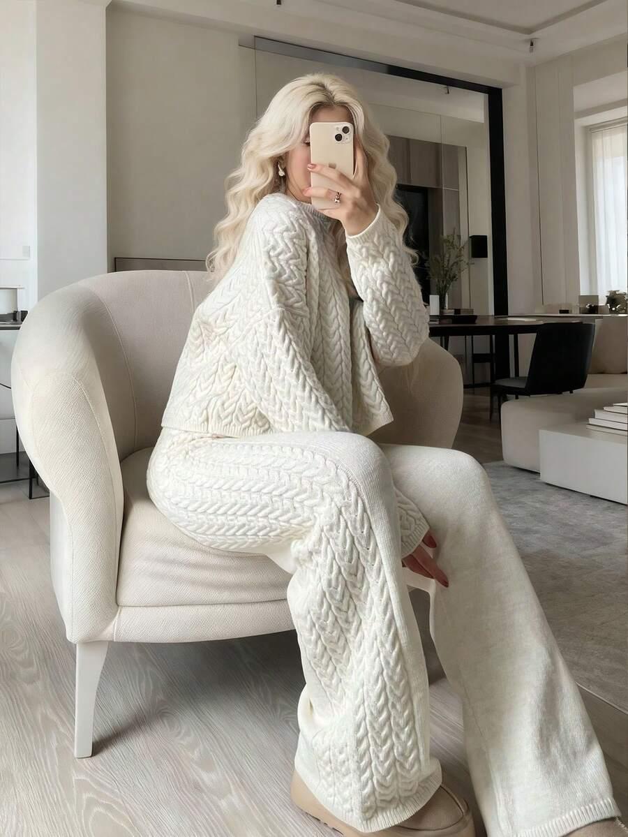 BEŻOWY SWETER SPODNIE KOMPLET 