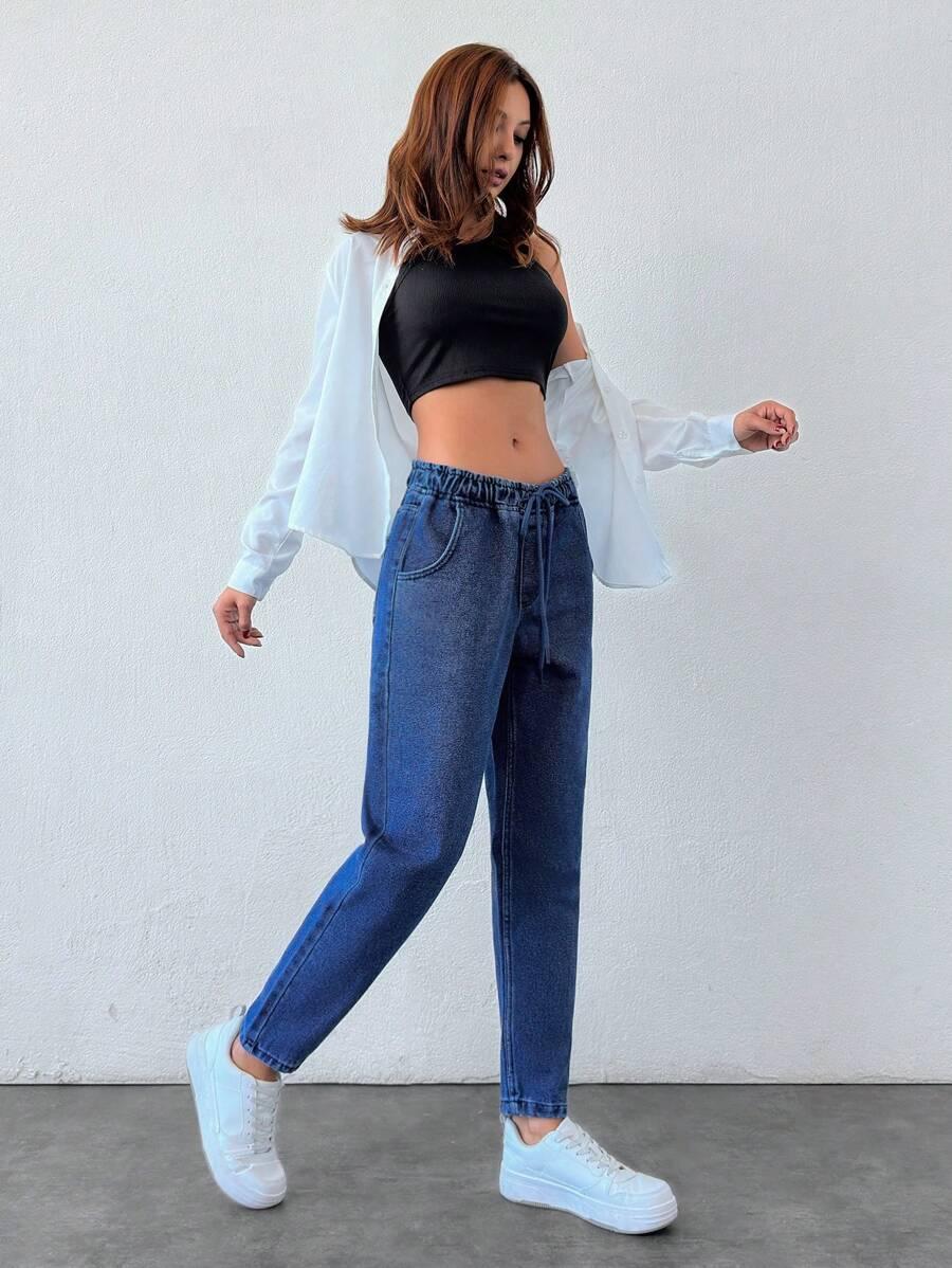 NIEBIESKIE SPODNIE JEANS wiązanie