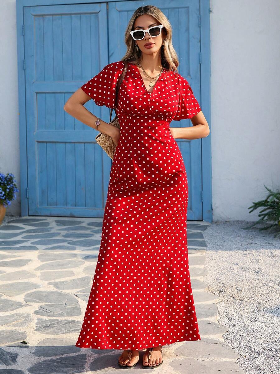 SUKIENKA MAXI W GROSZKI Z KRÓTKIM RĘKAWEM