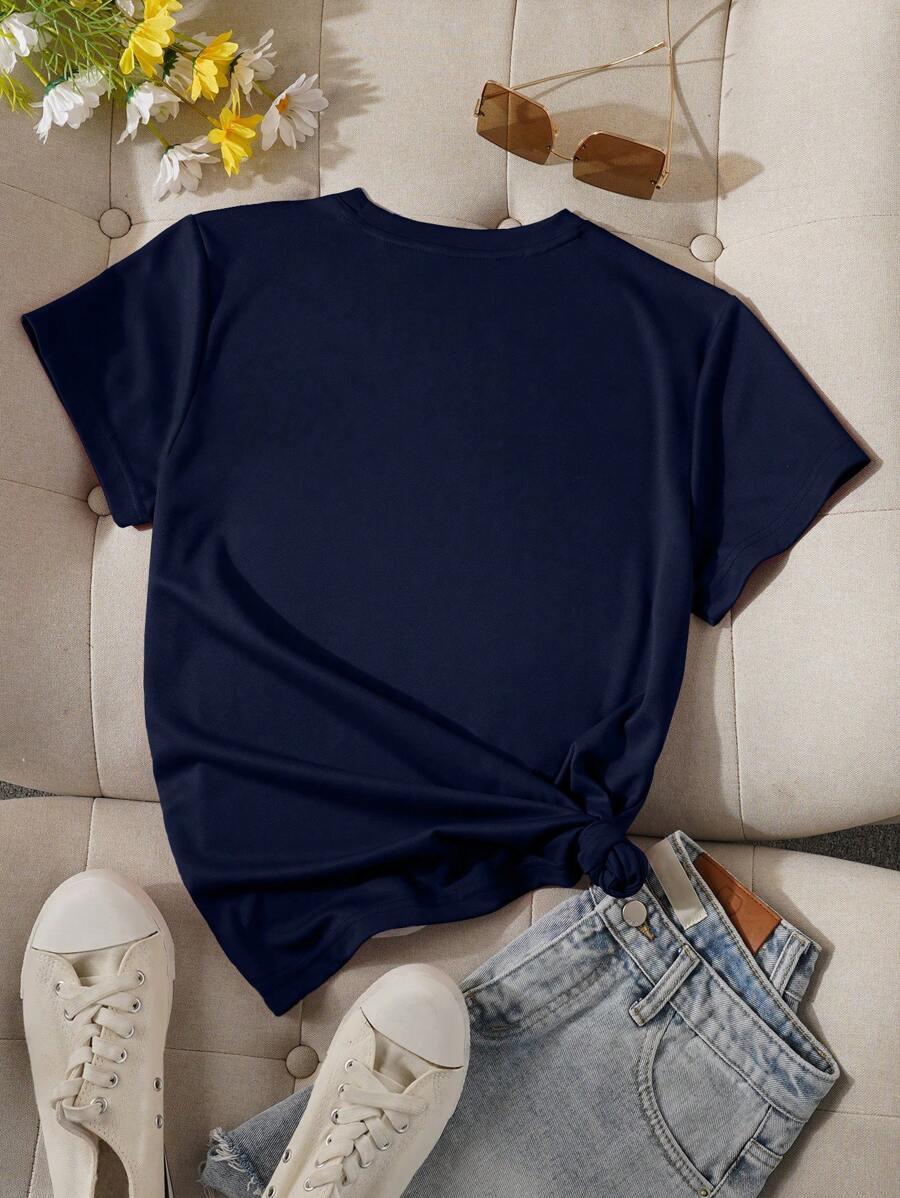 GRANATOWY T-SHIRT OKRĄGŁY DEKOLT print