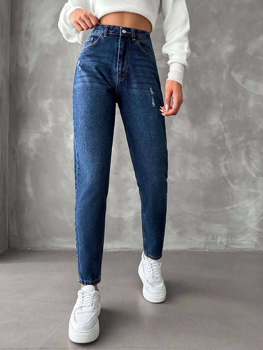 granatowe spodnie mom jeans
