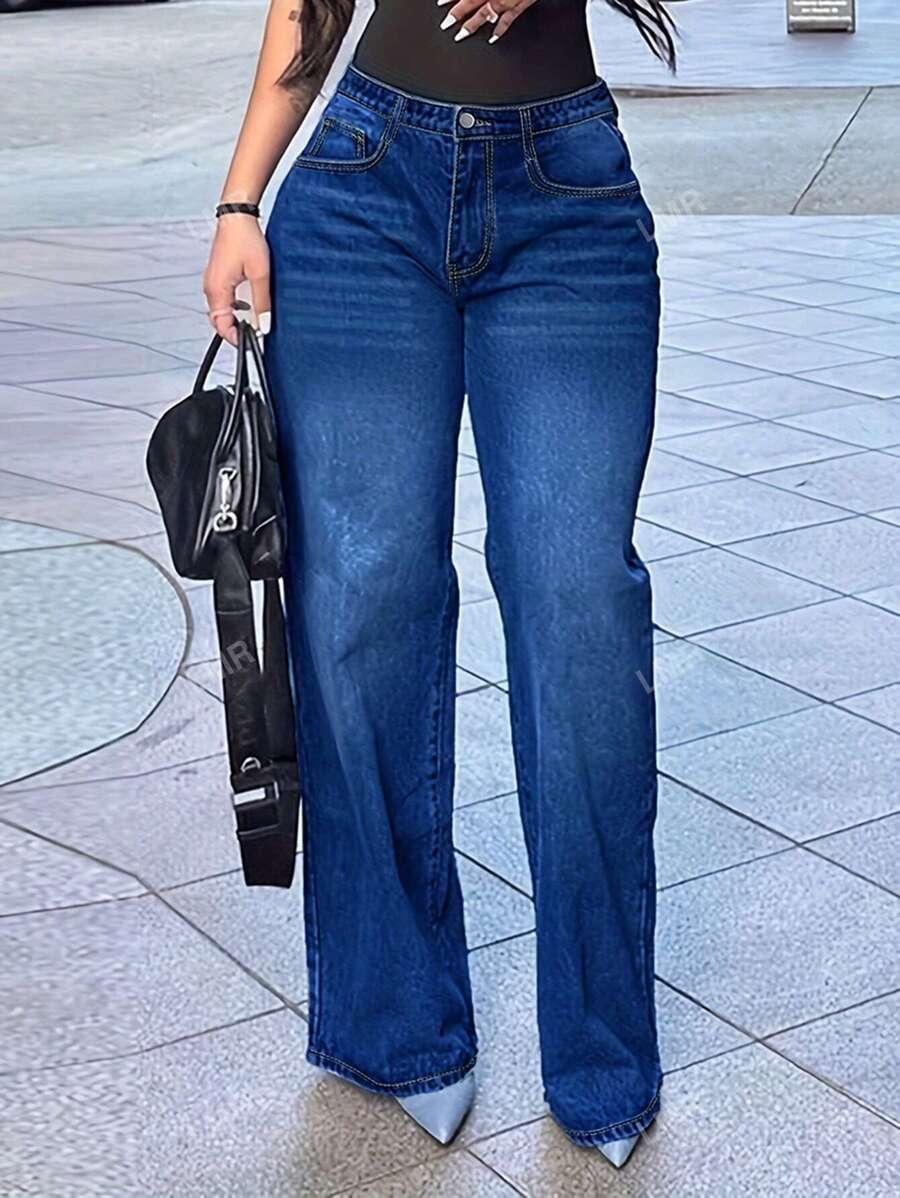 NIEBIESKIE SPODNIE JEANS SZEROKIE NOGAWKI KIESZENIE