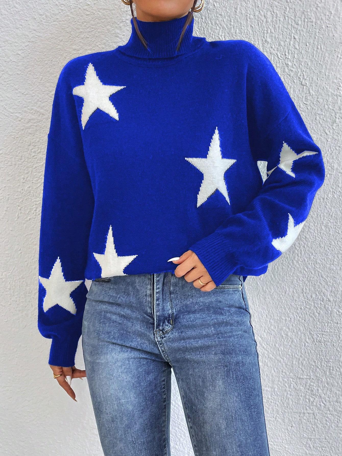 niebieski sweter z golfem gwiazdy print