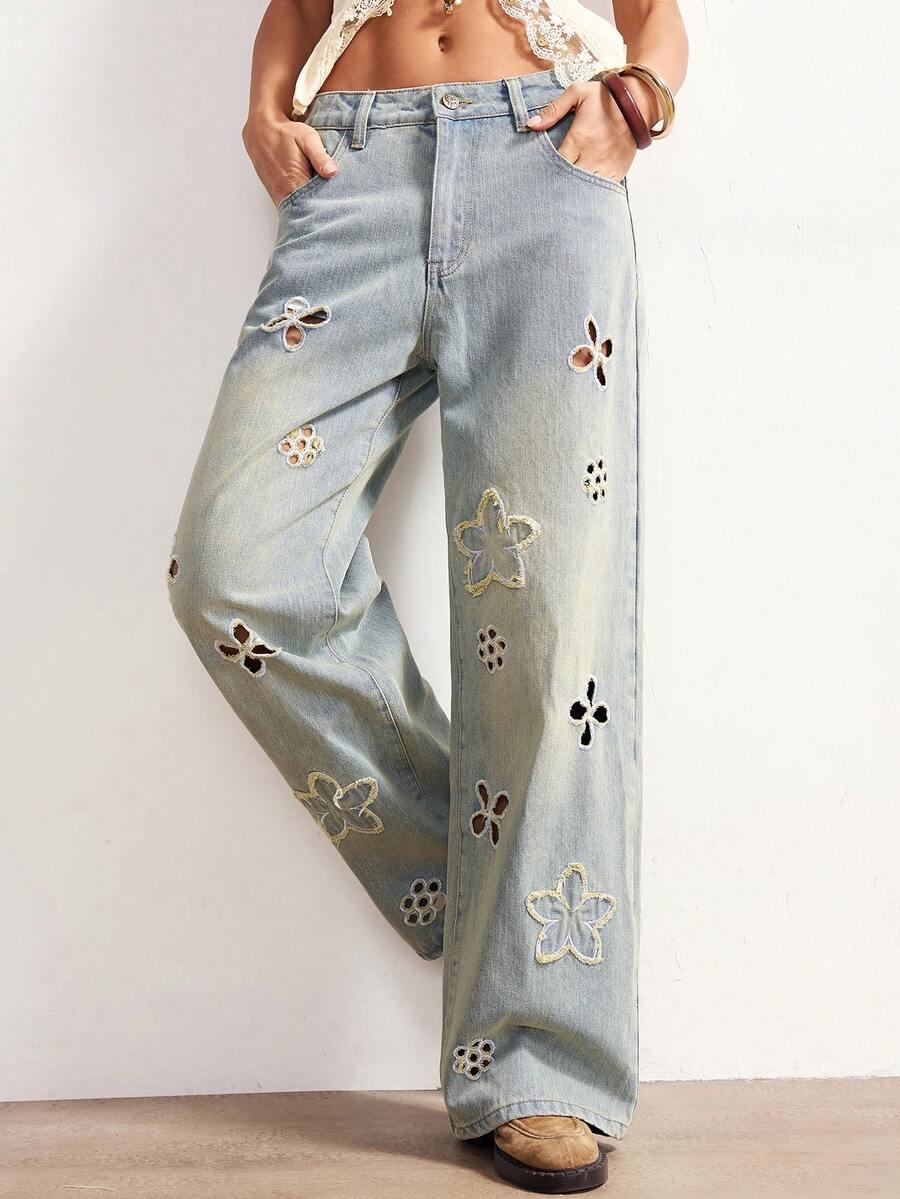 niebieskie jeansy kwiaty