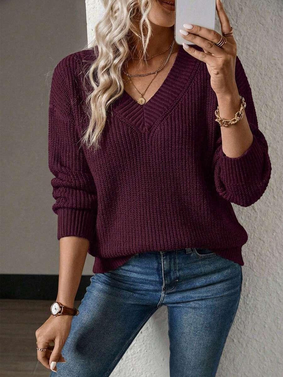 bordowy sweter splot v-neck