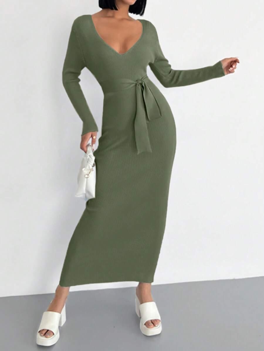OŁÓWKOWA MAXI SUKIENKA v neck