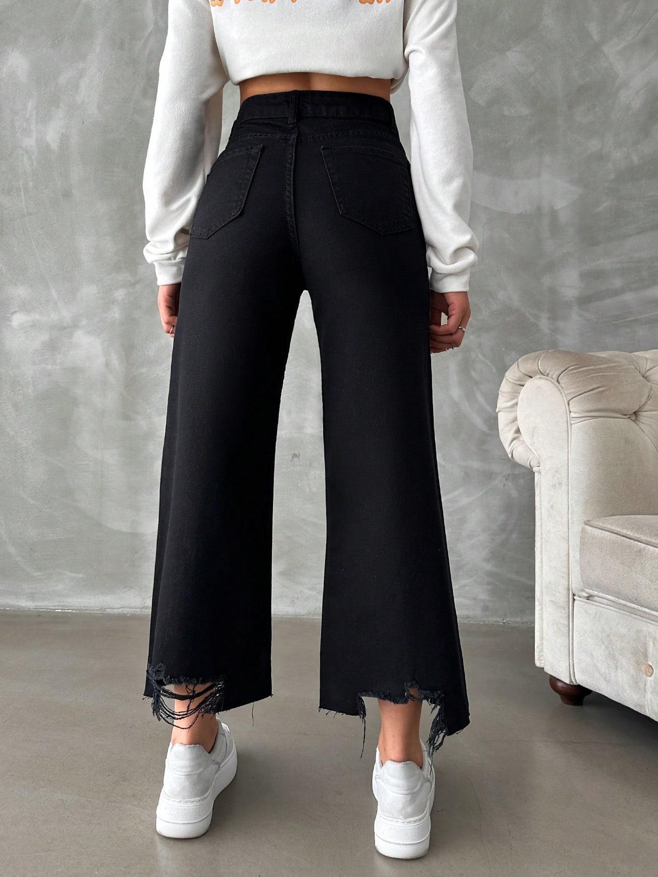 czarne szerokie spodnie jeans 7/8 przetarcia wysoki stan
