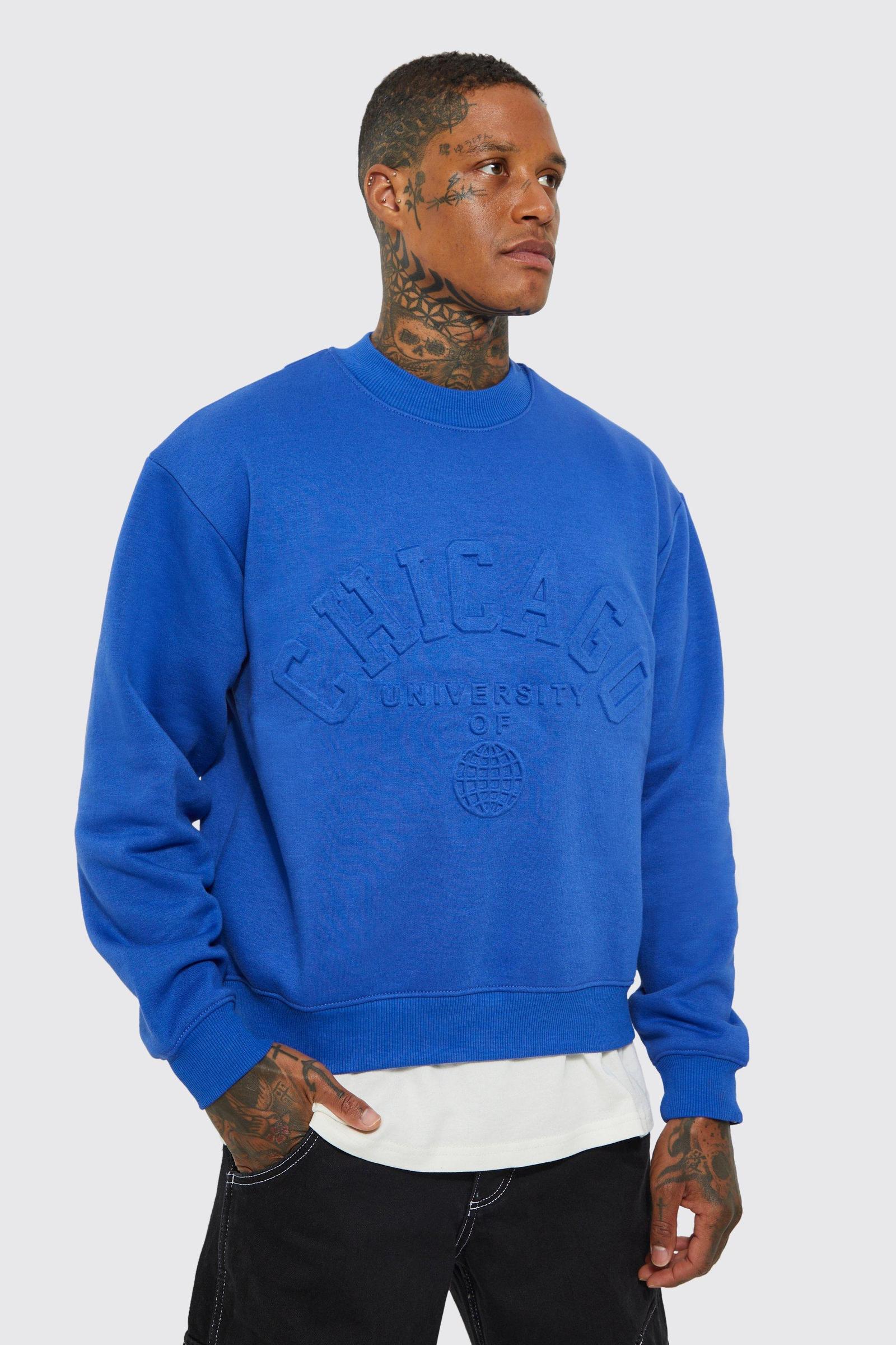 niebieska bluza z okrągłym dekoltem oversize napis chicago
