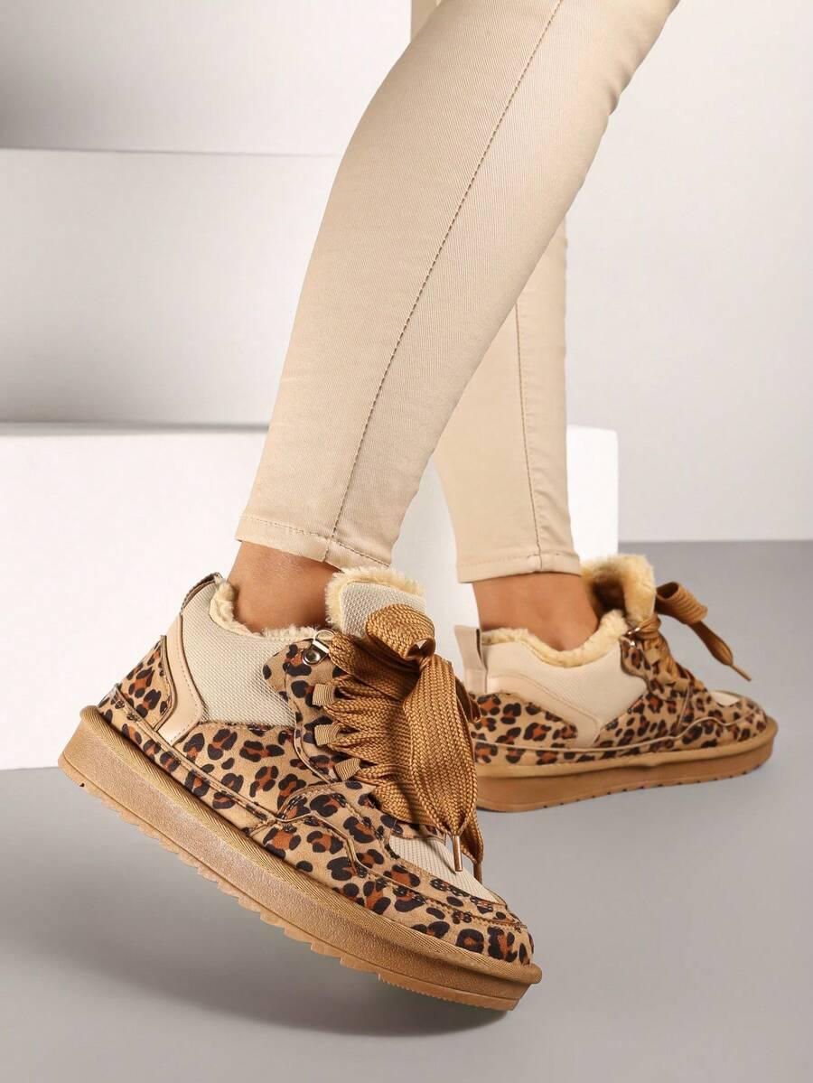 brązowe sznurowane śniegowce animal print