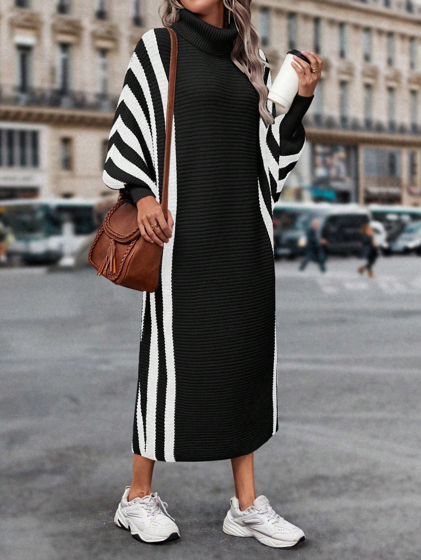 dzianinowa czarna sukienka oversize golf kontrast casual