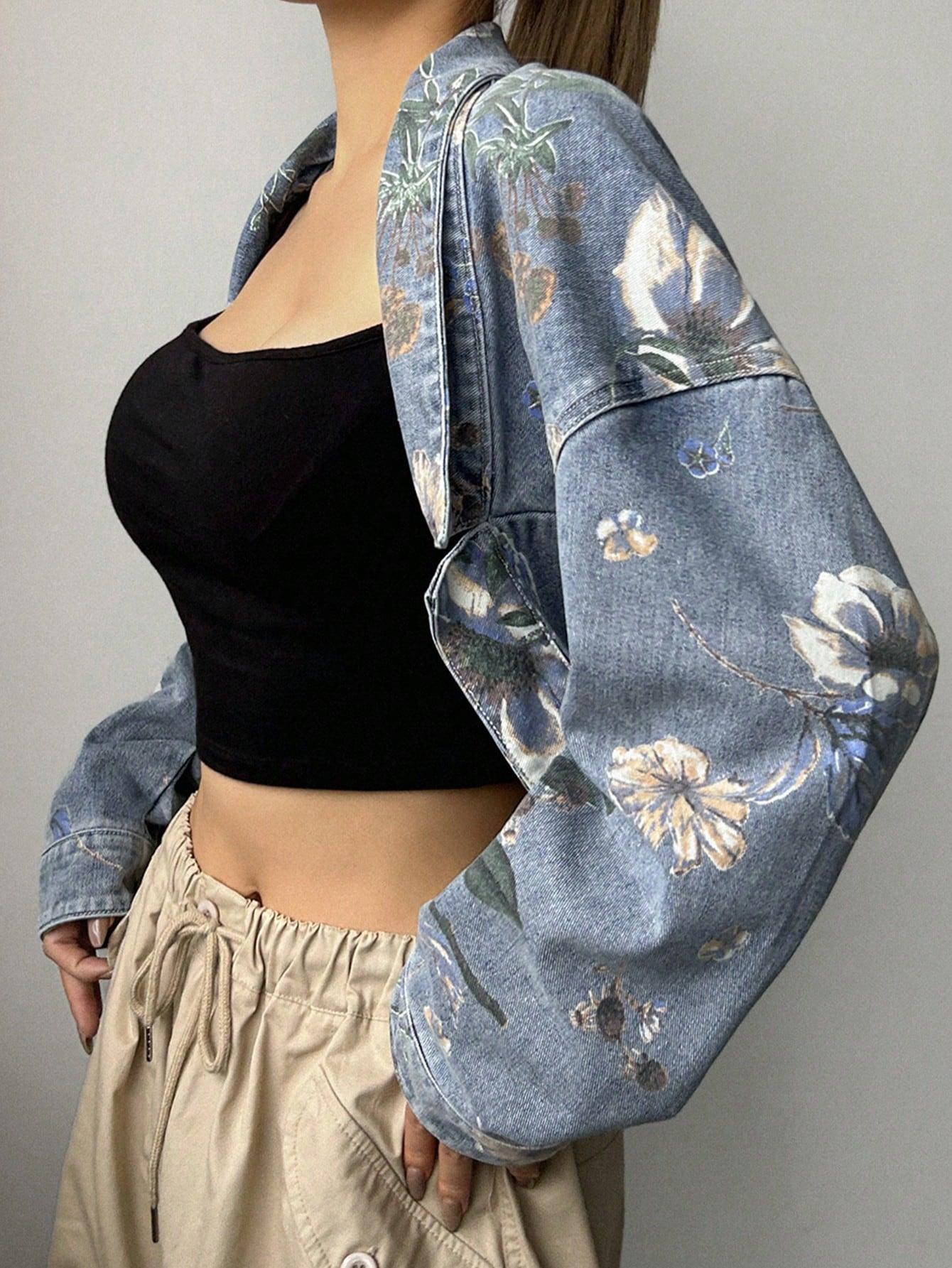 kurtka jeans wzór kwiaty