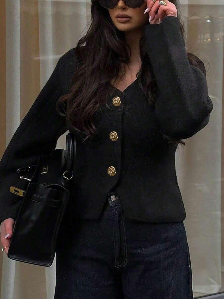 CZARNY SWETER KARDIGAN V NECK