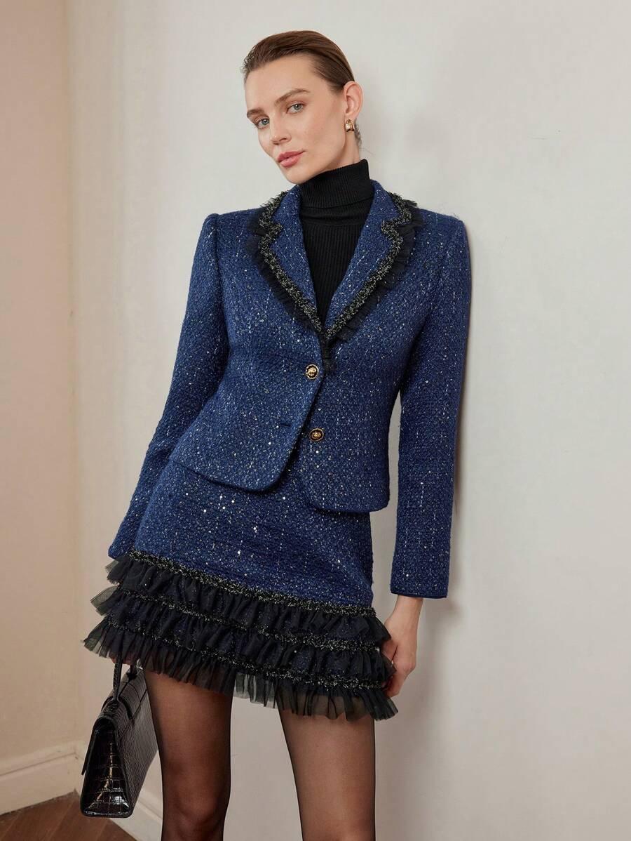 GRANATOWA MINI SPÓDNICA tweed tiul połysk