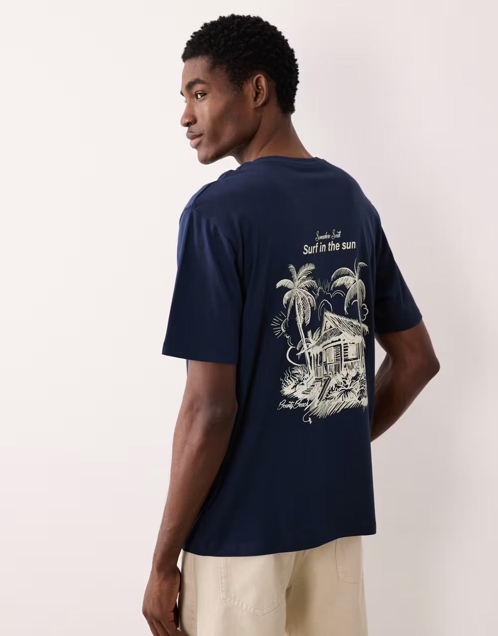 bawełniany granatowy t-shirt okrągły dekolt nadruk