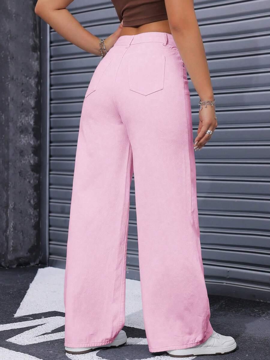 różowe spodnie jeans wysoki stan szeroka nogawka
