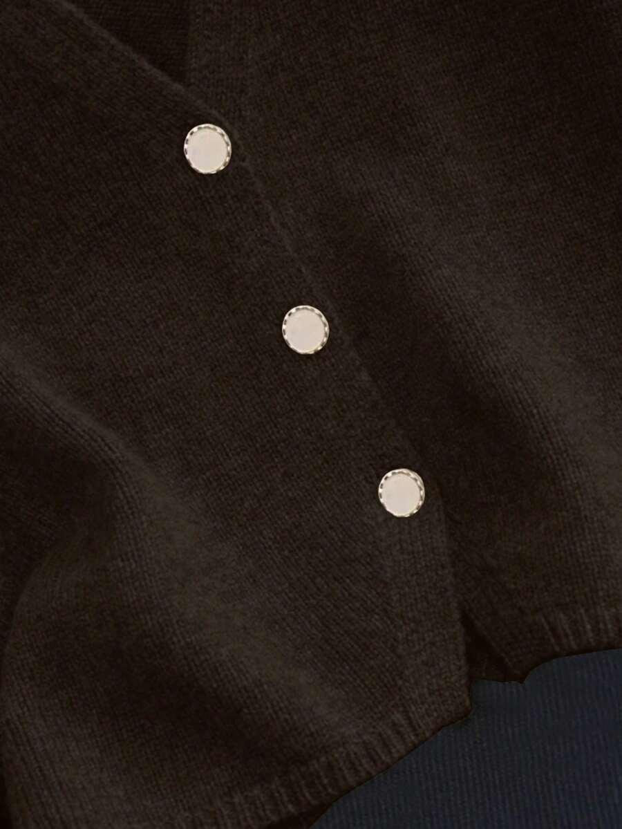 BRĄZOWA DZIANINOWA KAMIZELKA V-NECK GUZIKI