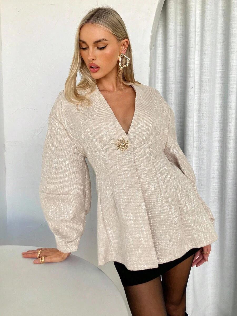 BEZOWA BLUZKA V-NECK