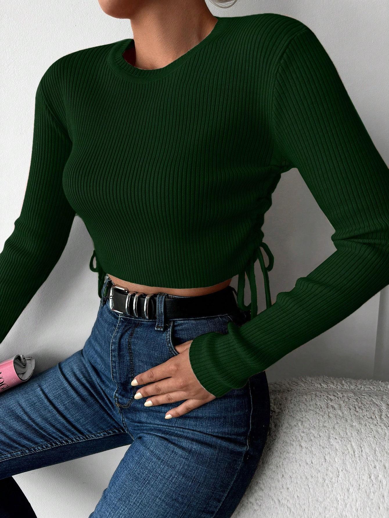 klasyczny zielony krótki sweter prążki ściągacz wiązanie