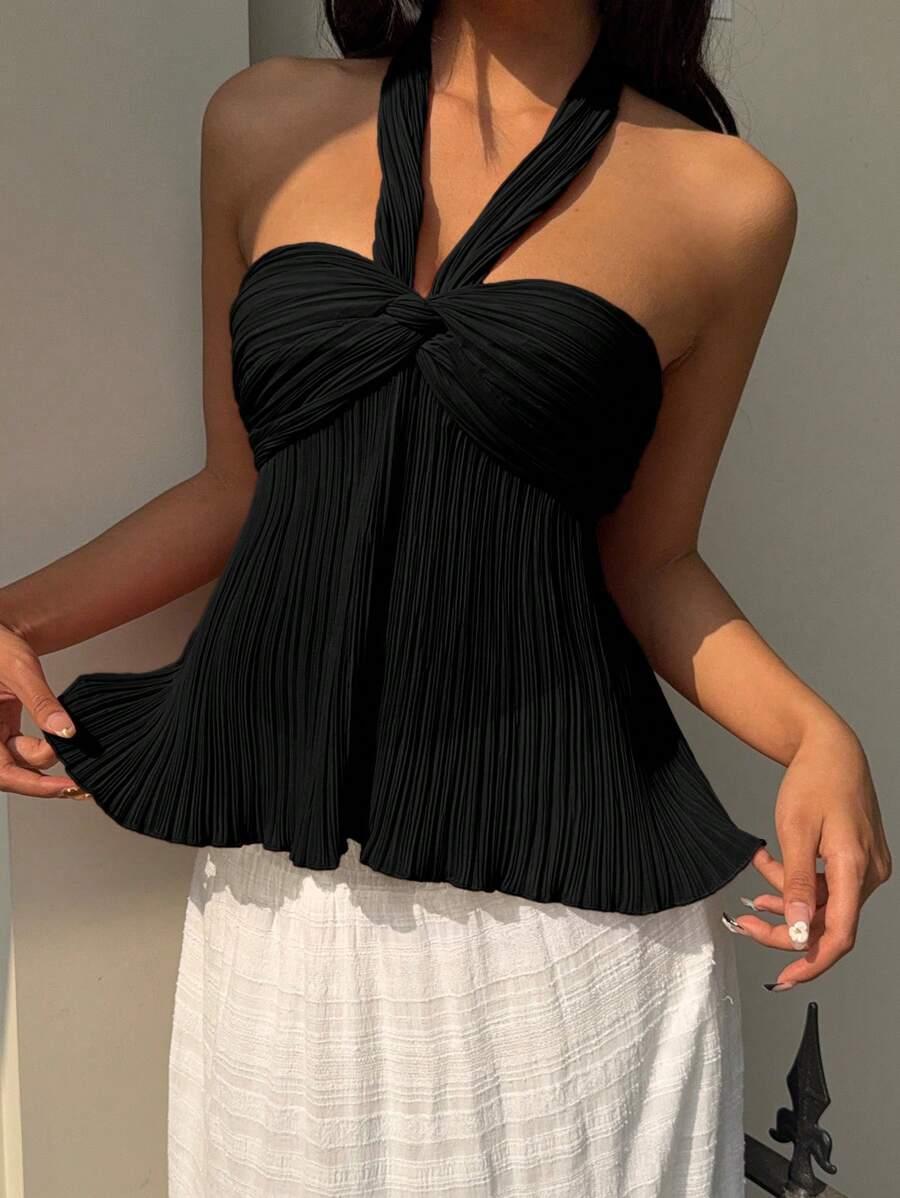 czarny plisowany top 