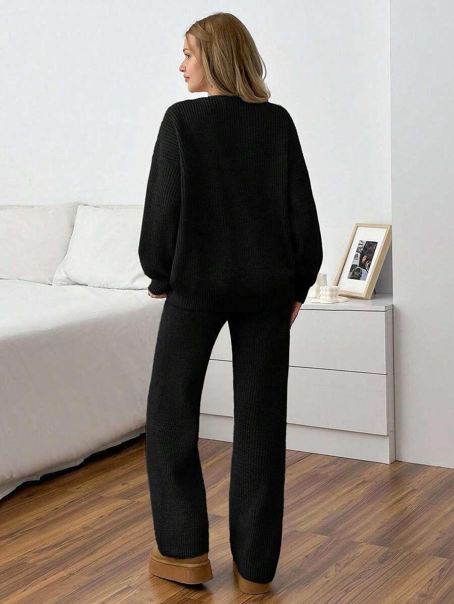 DZIANINOWY CZARNY KOMPLET SWETER SPODNIE